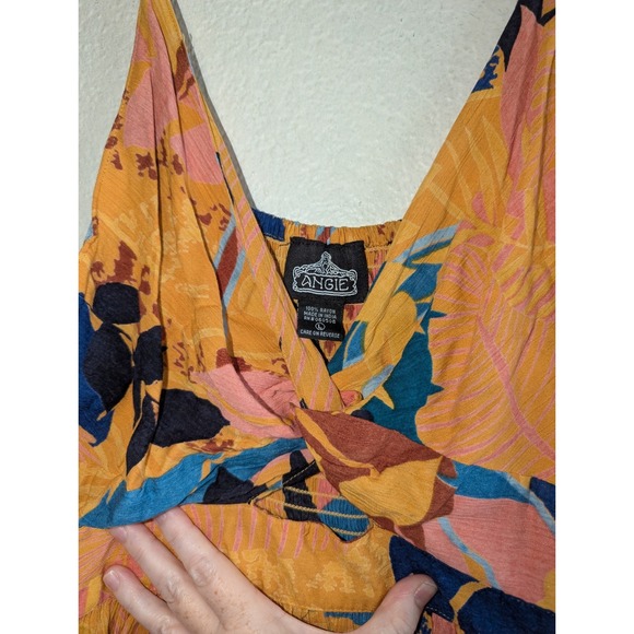 Angie Tropical Floral Twist Front Tiered Mini Dress Yellow Blue Pink Women Large - Picture 5 of 12